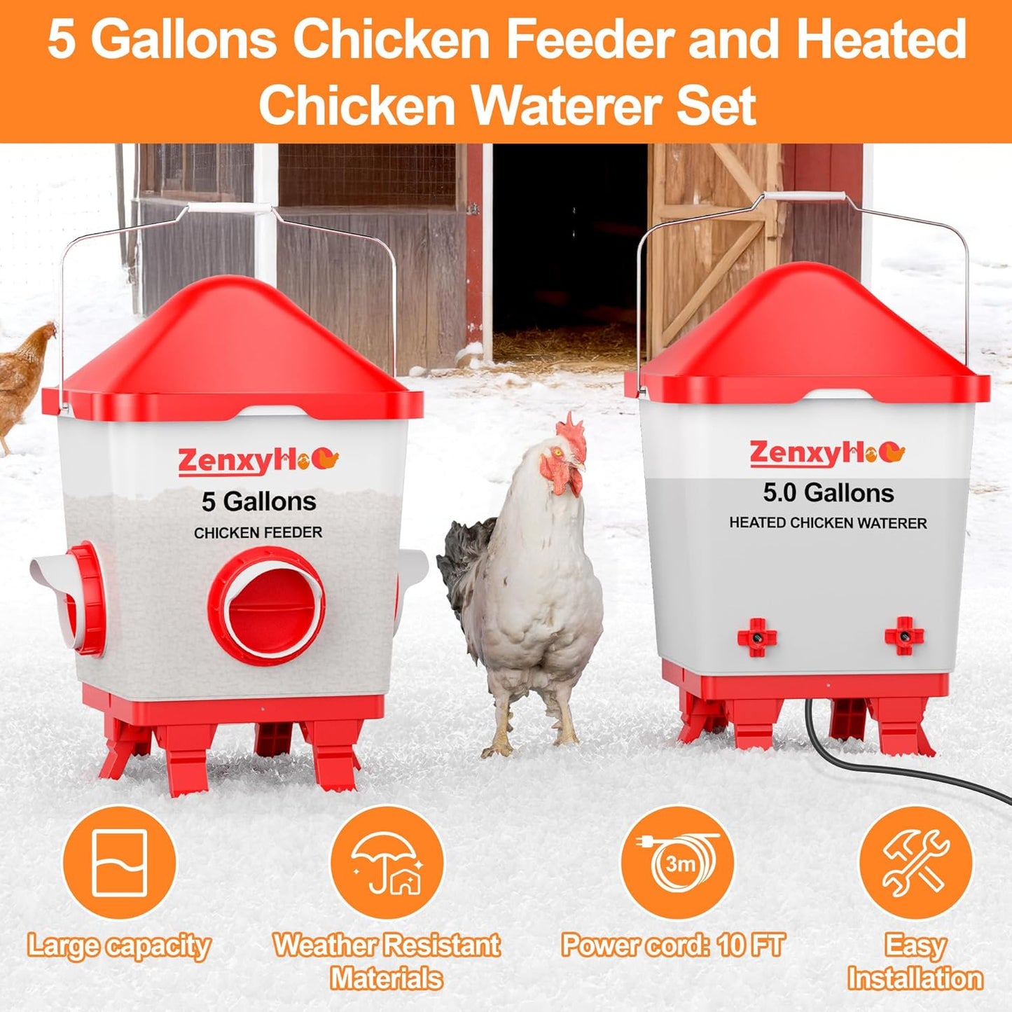 5 Gallons Heated Chicken Waterer and Feeder Set Buckets with 10FT Power Cord, w/ 4 Nipples and 4 Large Ports