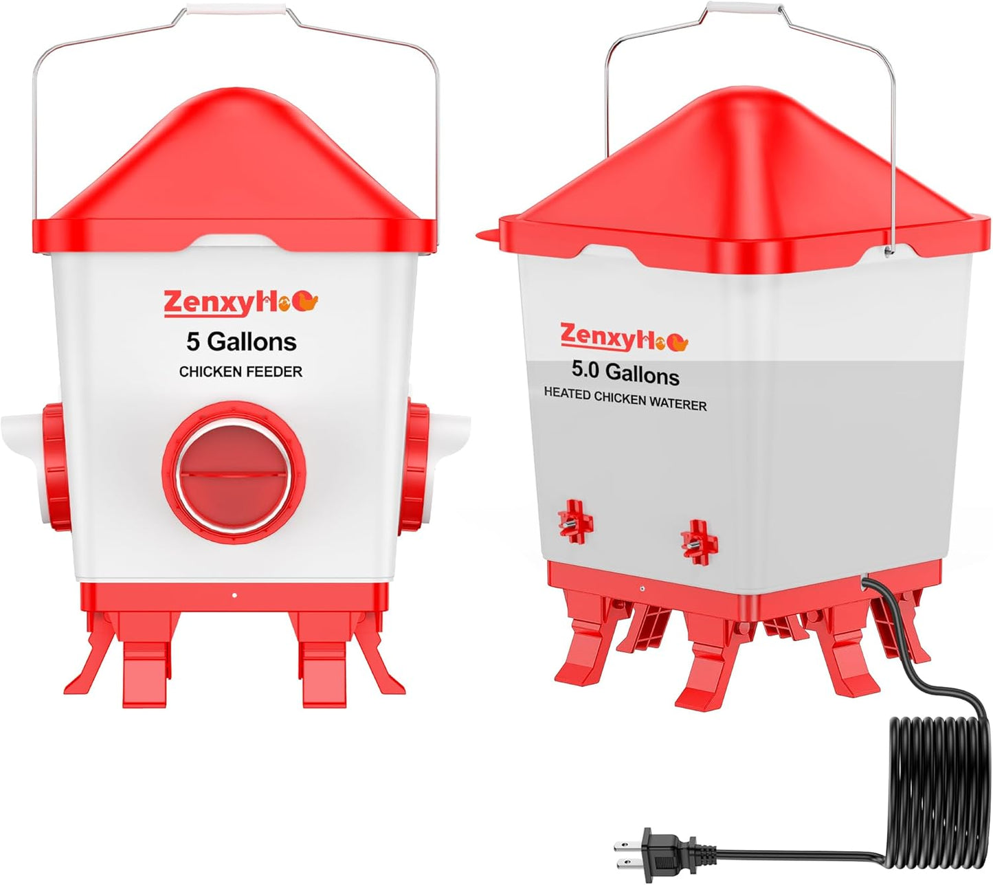 5 Gallons Heated Chicken Waterer and Feeder Set Buckets with 10FT Power Cord, w/ 4 Nipples and 4 Large Ports