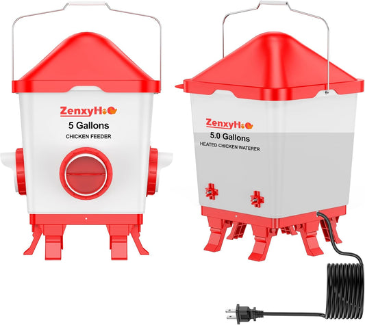 5 Gallons Heated Chicken Waterer and Feeder Set Buckets with 10FT Power Cord, w/ 4 Nipples and 4 Large Ports