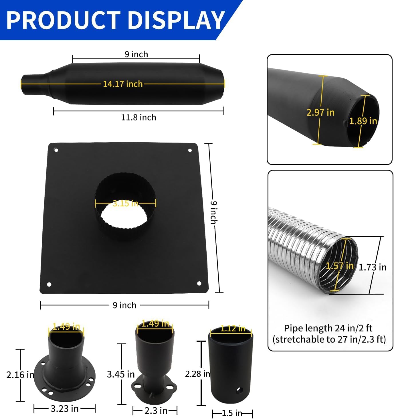 2025 Heavy Duty Upgraded Generator Exhaust Extension Silencer Kit with Insulated Through-Wall Mounting Plate