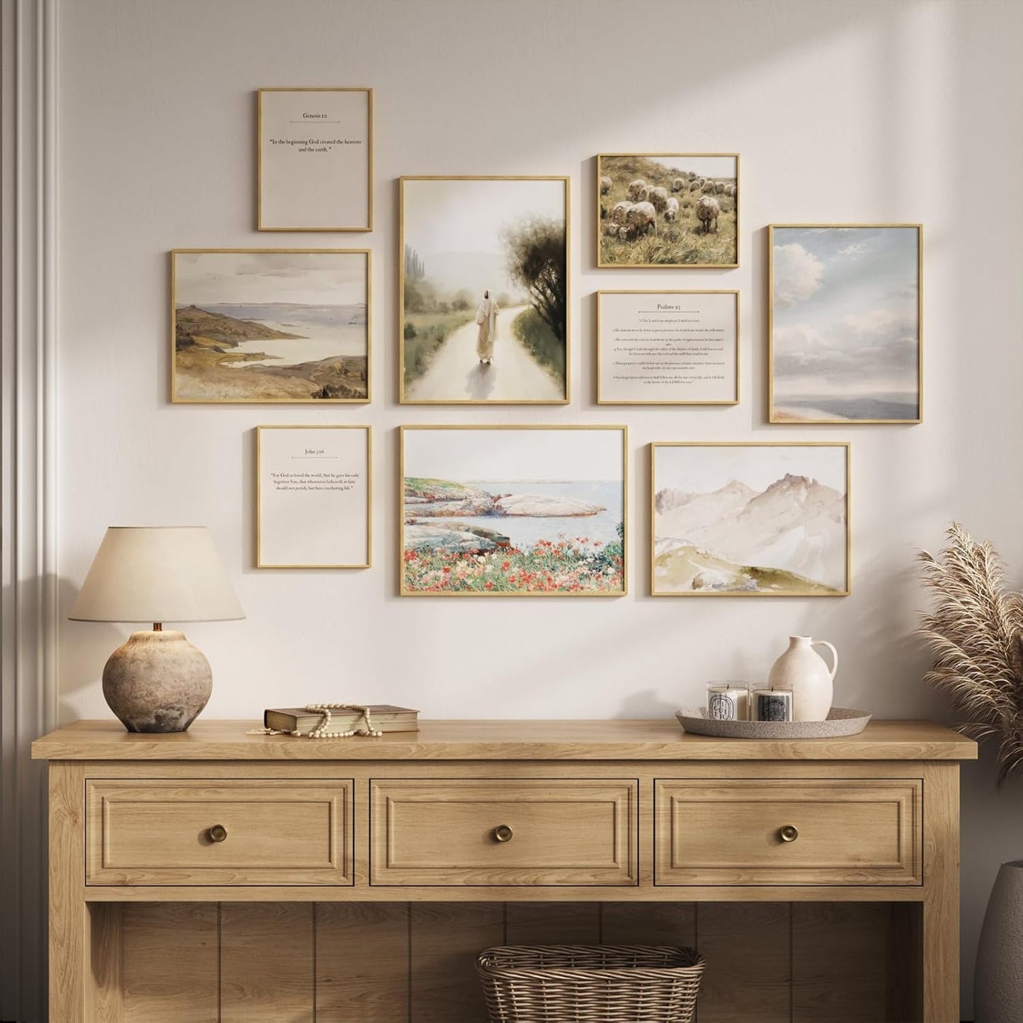 Framed Christian Gallery Wall Art Set of 9, Neutral Vintage Scripture Prints with Bible Verse Quotes and Jesus Artwork