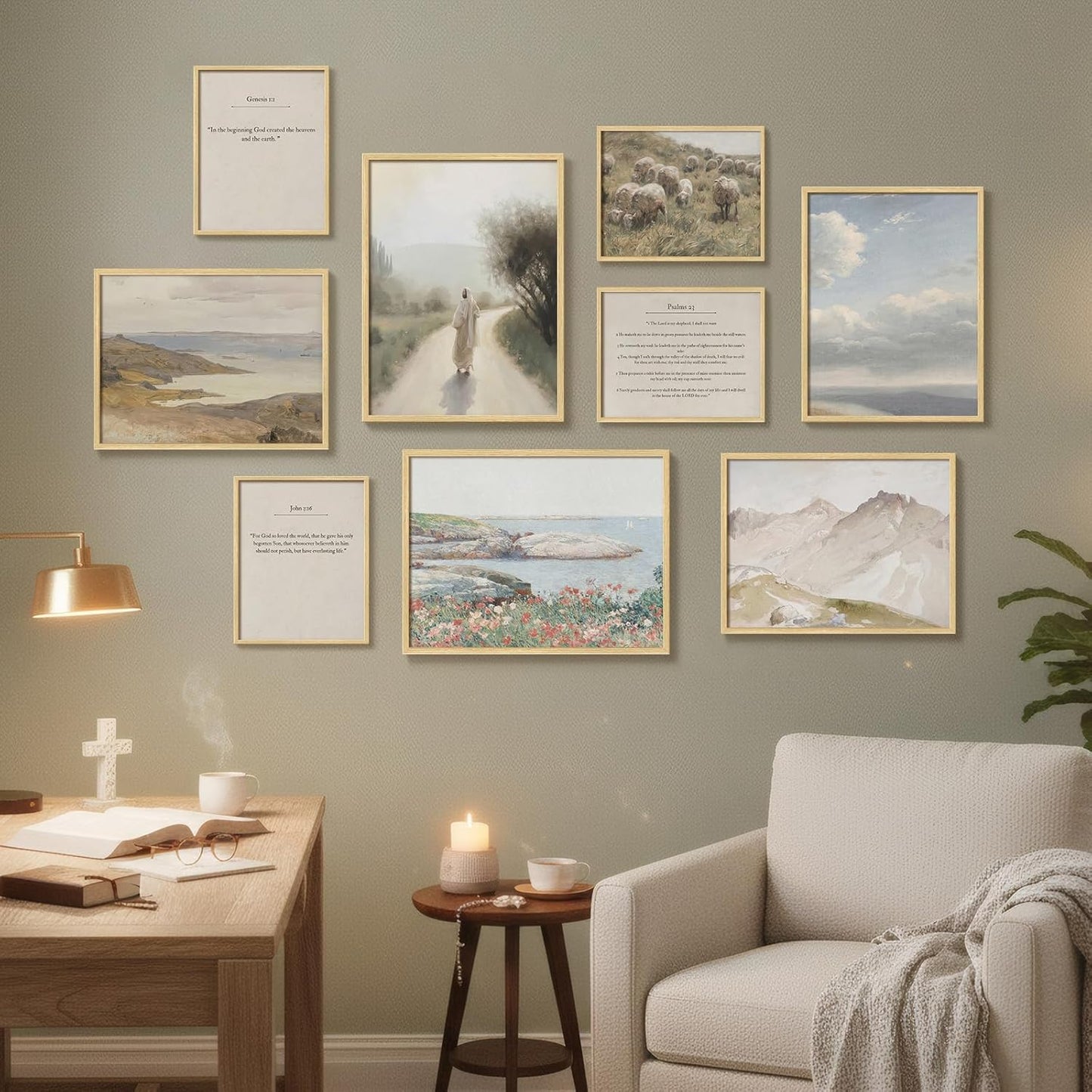 Framed Christian Gallery Wall Art Set of 9, Neutral Vintage Scripture Prints with Bible Verse Quotes and Jesus Artwork