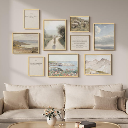 Framed Christian Gallery Wall Art Set of 9, Neutral Vintage Scripture Prints with Bible Verse Quotes and Jesus Artwork