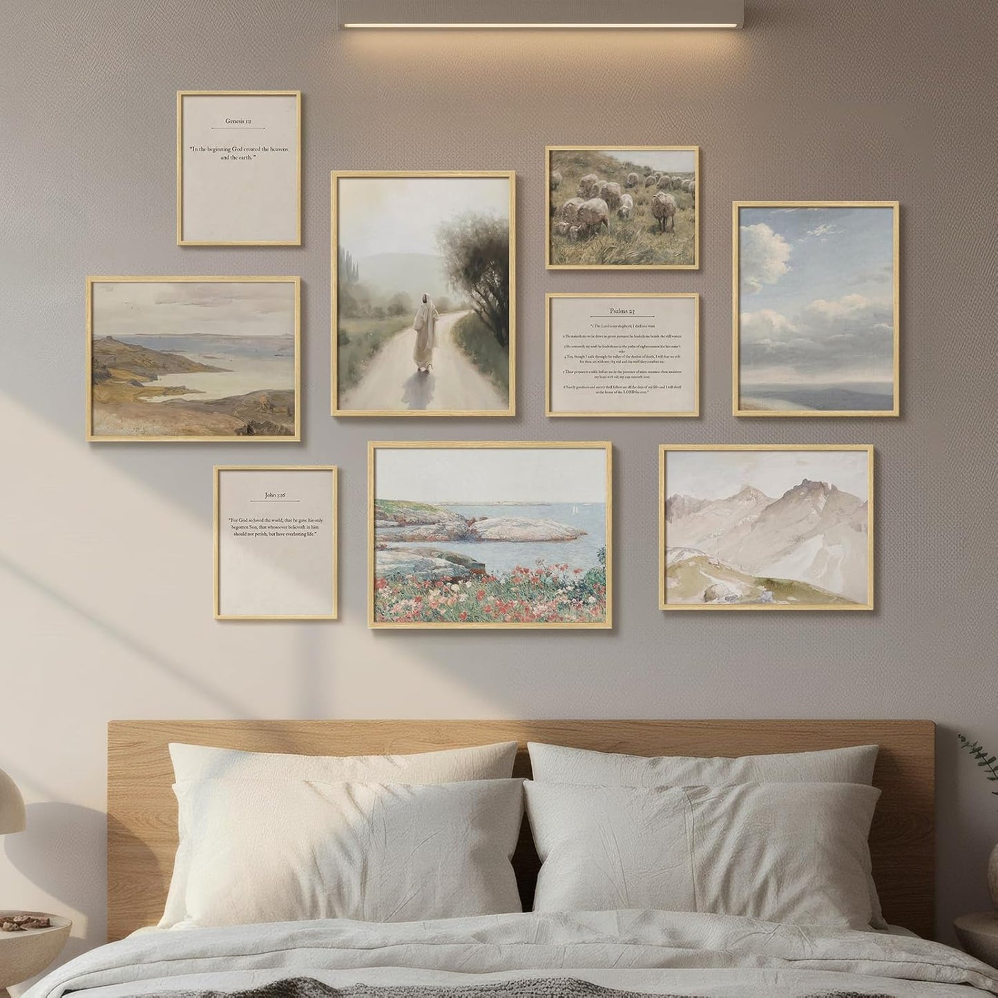 Framed Christian Gallery Wall Art Set of 9, Neutral Vintage Scripture Prints with Bible Verse Quotes and Jesus Artwork