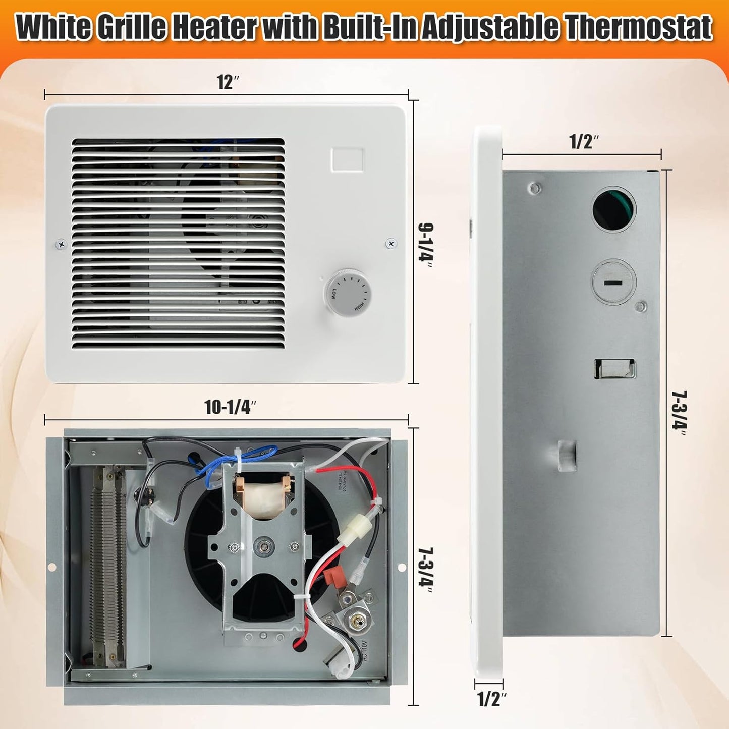 Wall Heater with Built-In Adjustable Thermostat and Silent Motor,  (750/1500W,120/240V AC), White