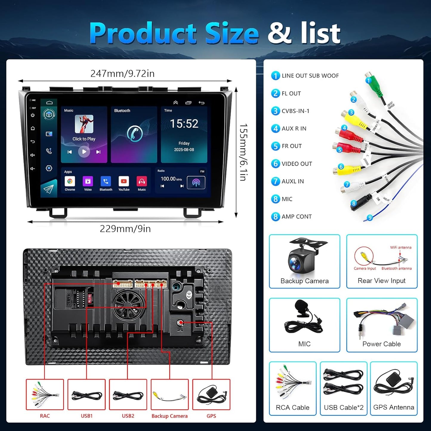 Car Stereo for Honda CRV 2007-2011, Wireless CarPlay Android Auto 9 inch IPS Touchscreen