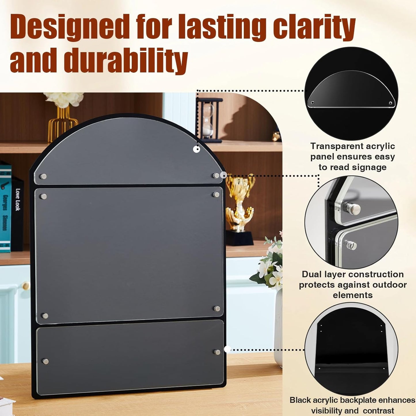 25 x 18.5 Inches Wall Mounted Office Sign Acrylic, 6 Panels Black Backing for Restaurant Church Poster Frame