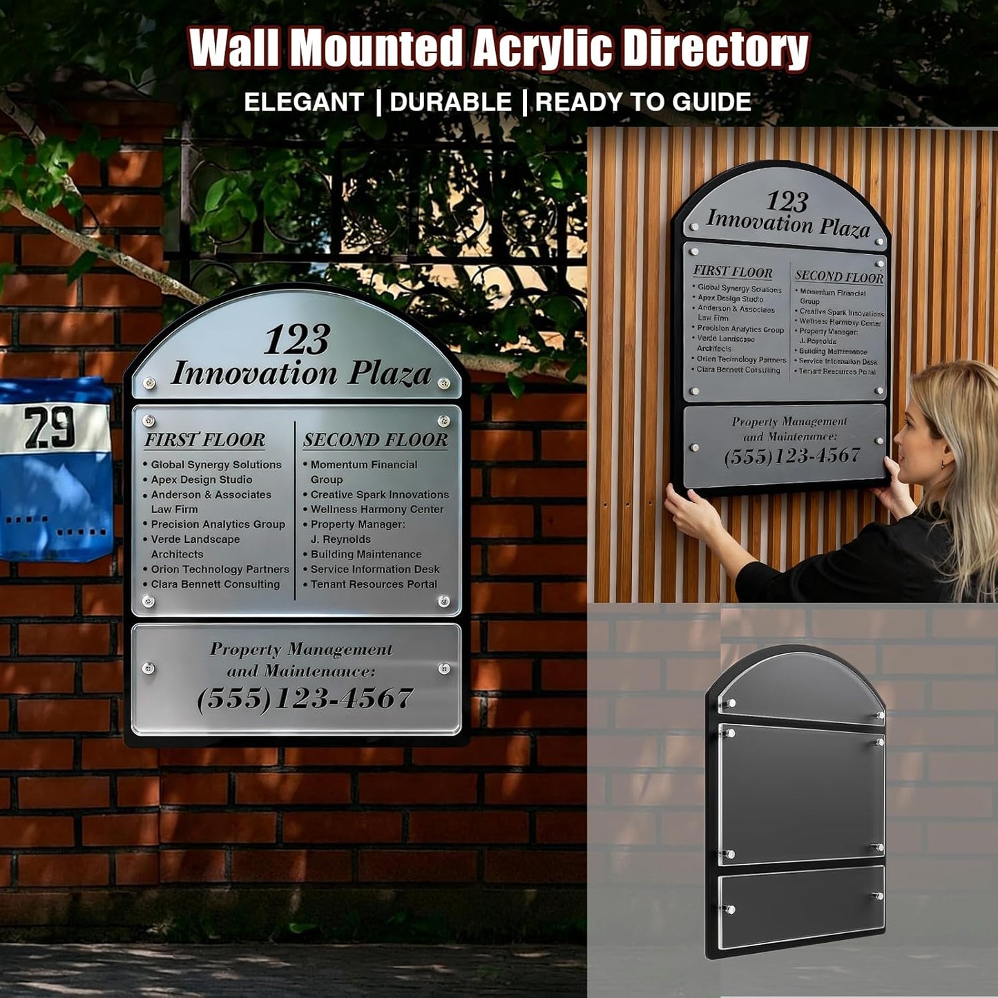 25 x 18.5 Inches Wall Mounted Office Sign Acrylic, 6 Panels Black Backing for Restaurant Church Poster Frame