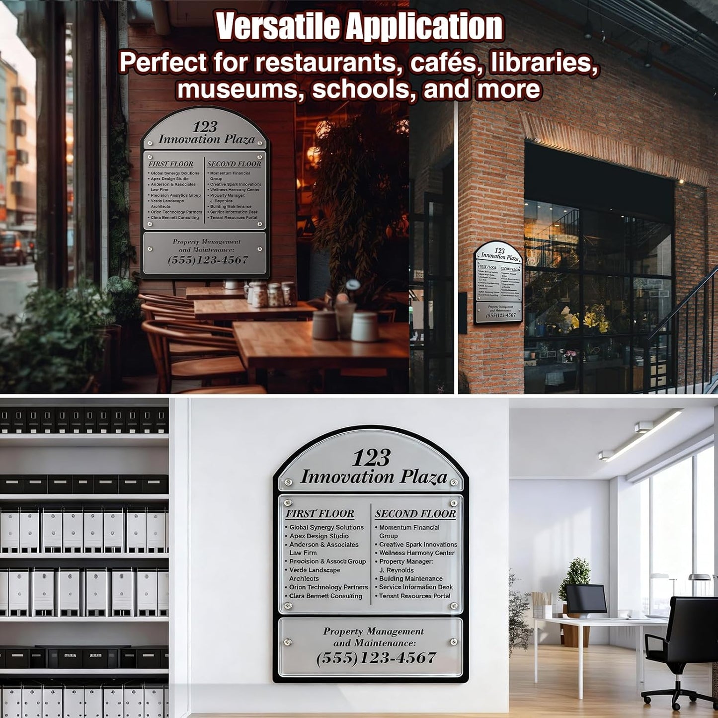 25 x 18.5 Inches Wall Mounted Office Sign Acrylic, 6 Panels Black Backing for Restaurant Church Poster Frame