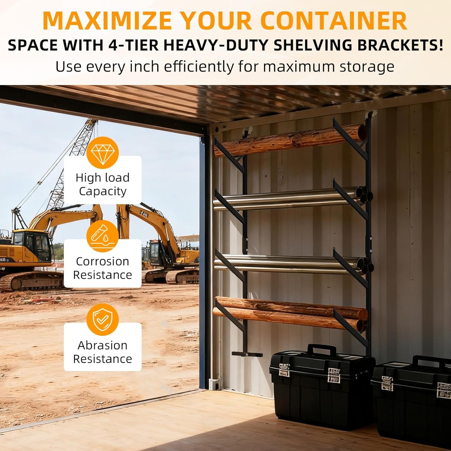 Bracket Adjustable Heavy Duty Steel Cargo Shipping Container Shelves, 4-Tier Power Coated, 67'H x 15'W, Black