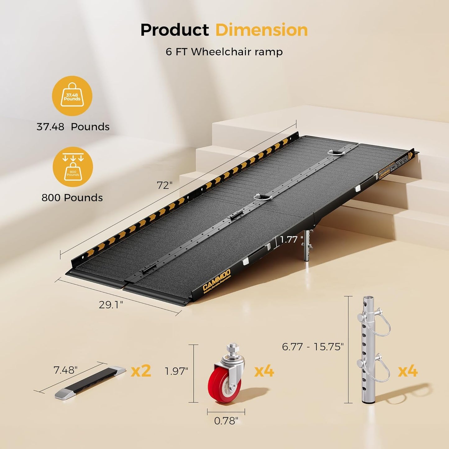 6 FT Portable Wheelchair Ramp-800LBS Heavy-Duty, High-Strength Aluminum Alloy with 4 Adjustable Legs, 4 Wheels