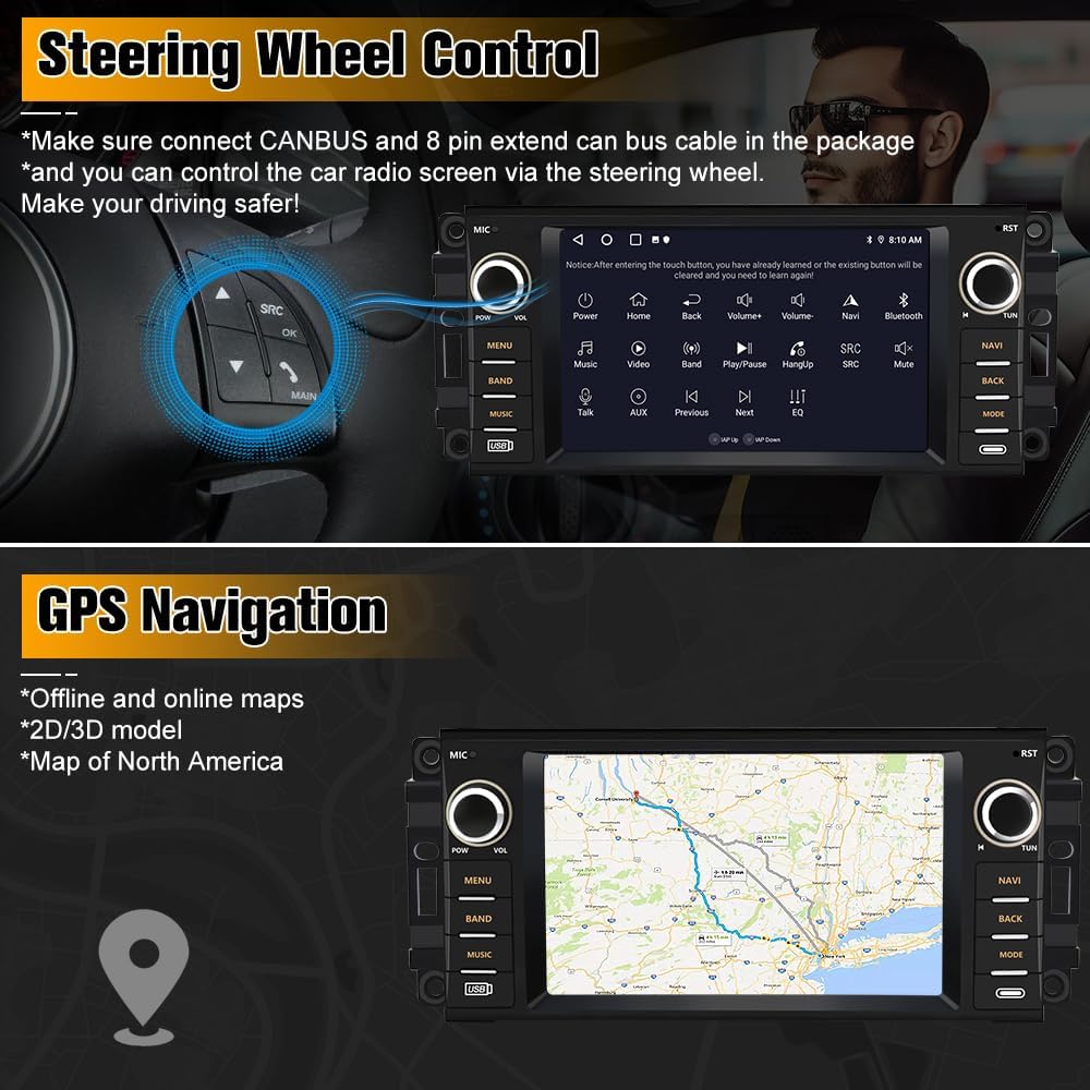 Car Stereo for Jeep Wrangler JK 2007-2018 Dodge Ram 1500 2008-2012, Touch Screen Carplay and Android Auto