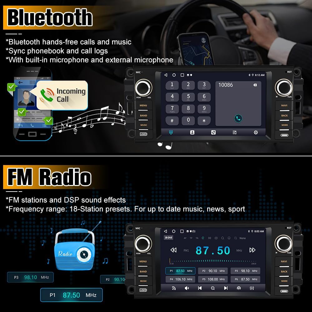 Car Stereo for Jeep Wrangler JK 2007-2018 Dodge Ram 1500 2008-2012, Touch Screen Carplay and Android Auto