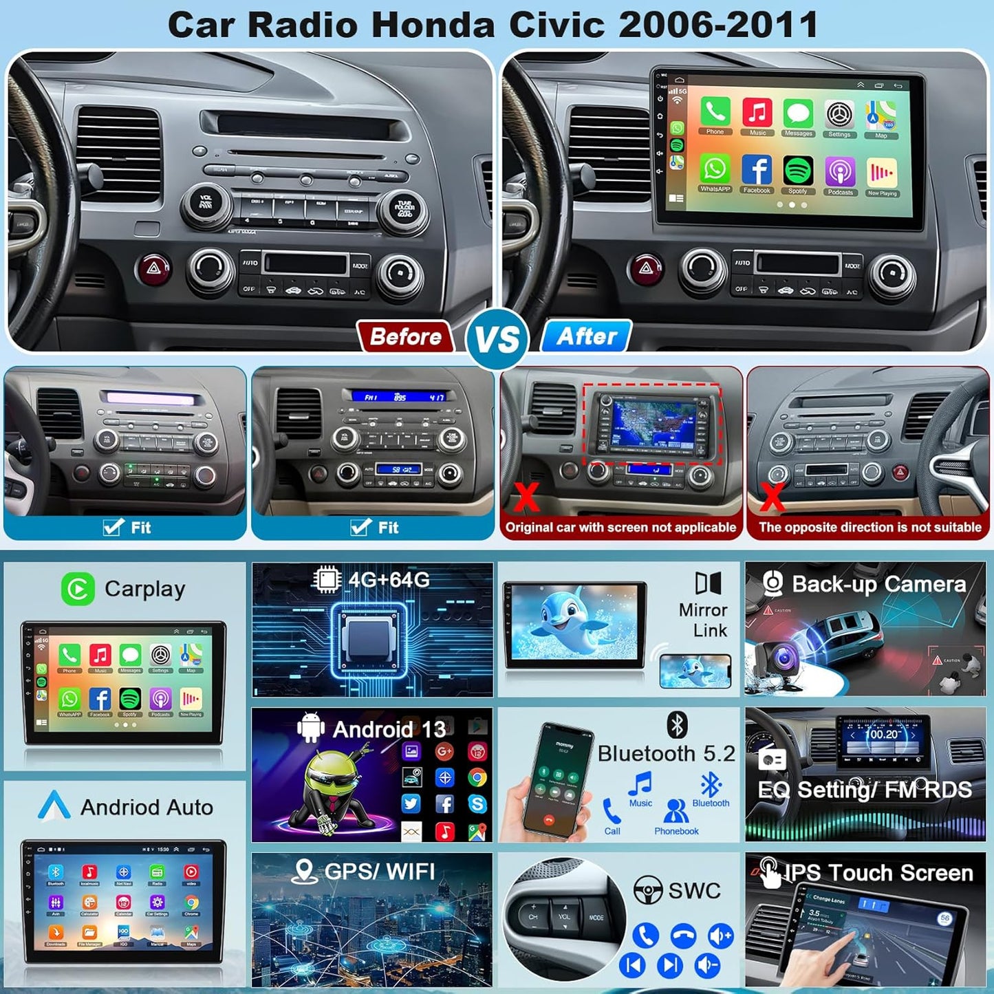 Car Stereo Radio for Honda Civic 2006-2011, Android 13, 9 Inch Touchscreen Radio Support Carplay/Android