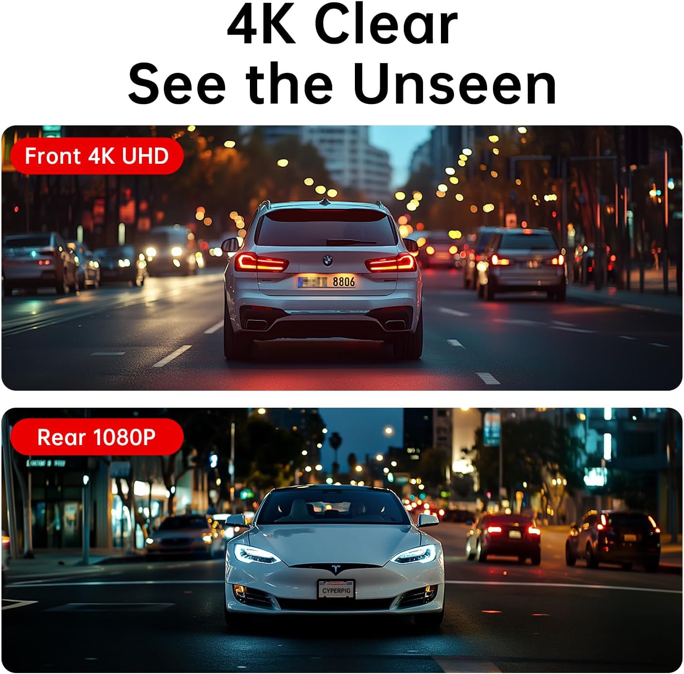 Dash Cam Front Rear, 4K/2K Full HD Dash Camera, Included 64GB Card, Built-in Wi-Fi, 3” IPS Screen, Night Vision