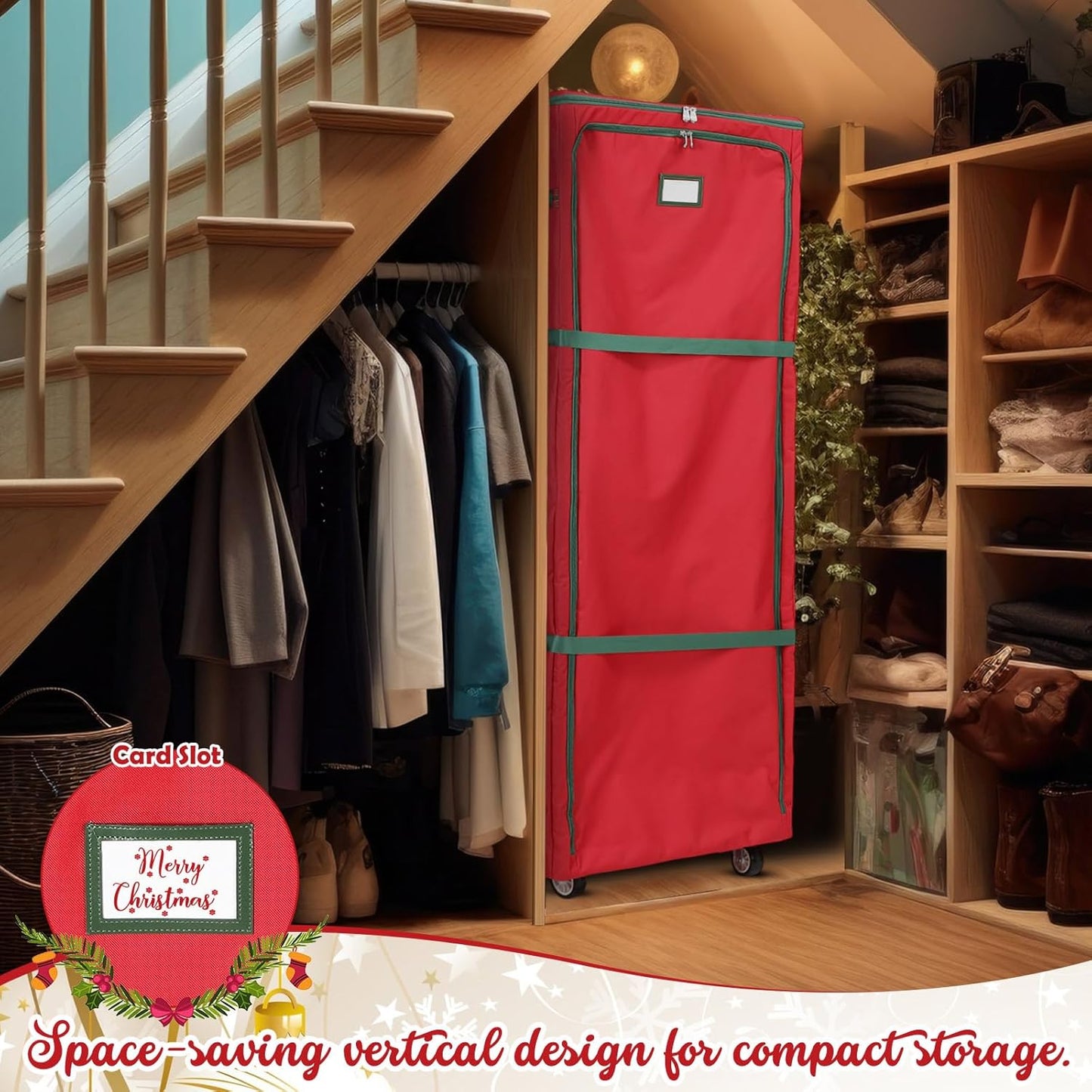 Rolling Christmas Tree Bag – Fits 12 ft Artificial Xmas Trees, Large Storage Box with Wheels & Compression Straps