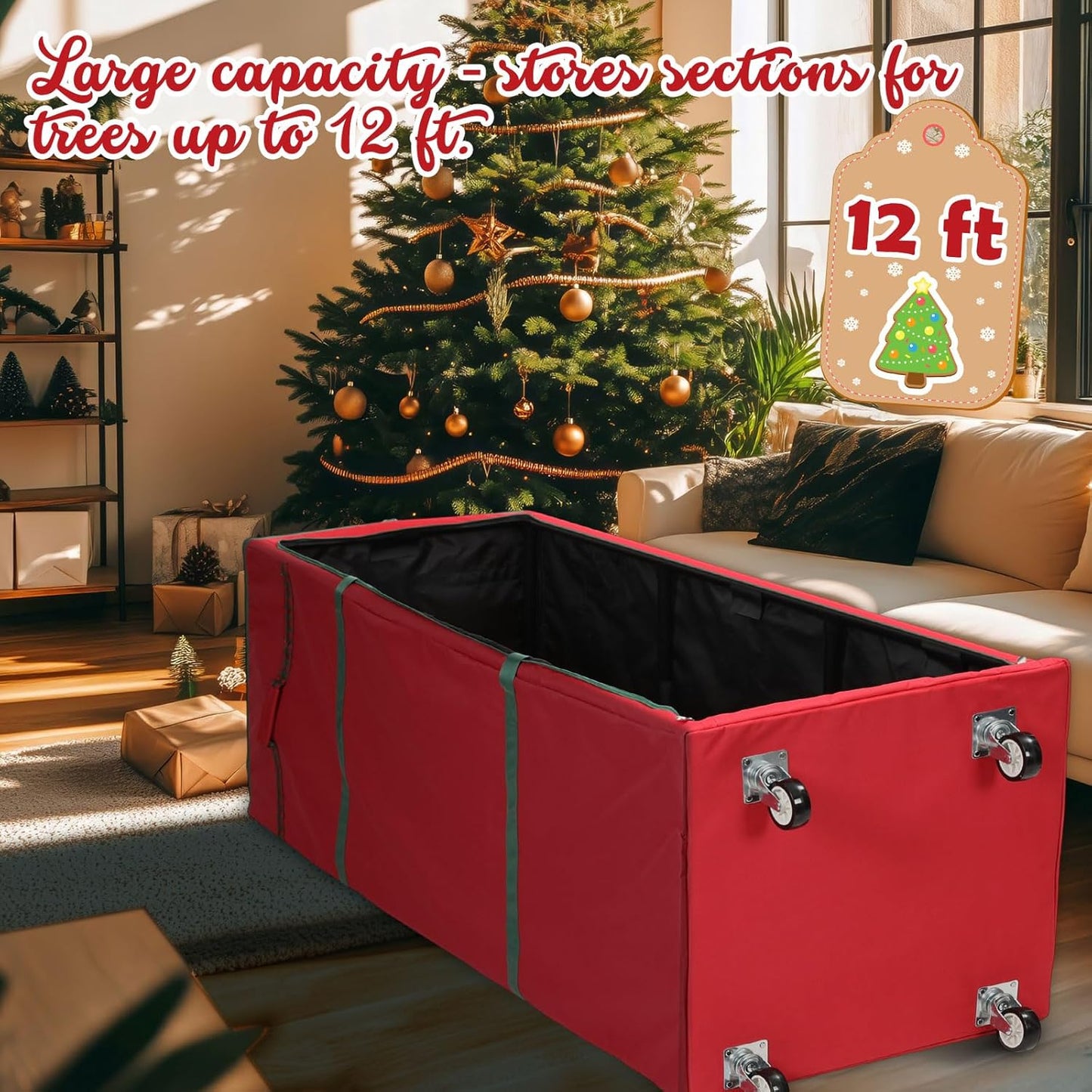 Rolling Christmas Tree Bag – Fits 12 ft Artificial Xmas Trees, Large Storage Box with Wheels & Compression Straps
