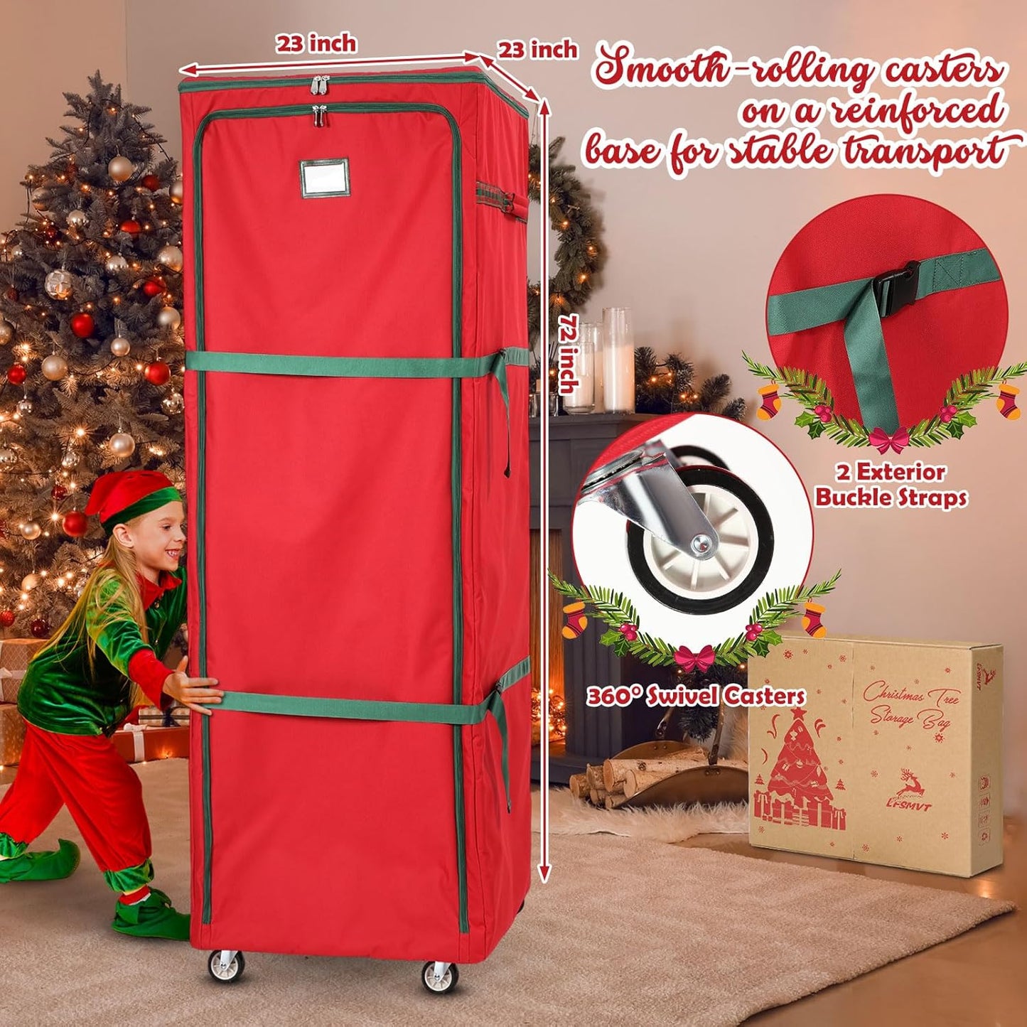 Rolling Christmas Tree Bag – Fits 12 ft Artificial Xmas Trees, Large Storage Box with Wheels & Compression Straps