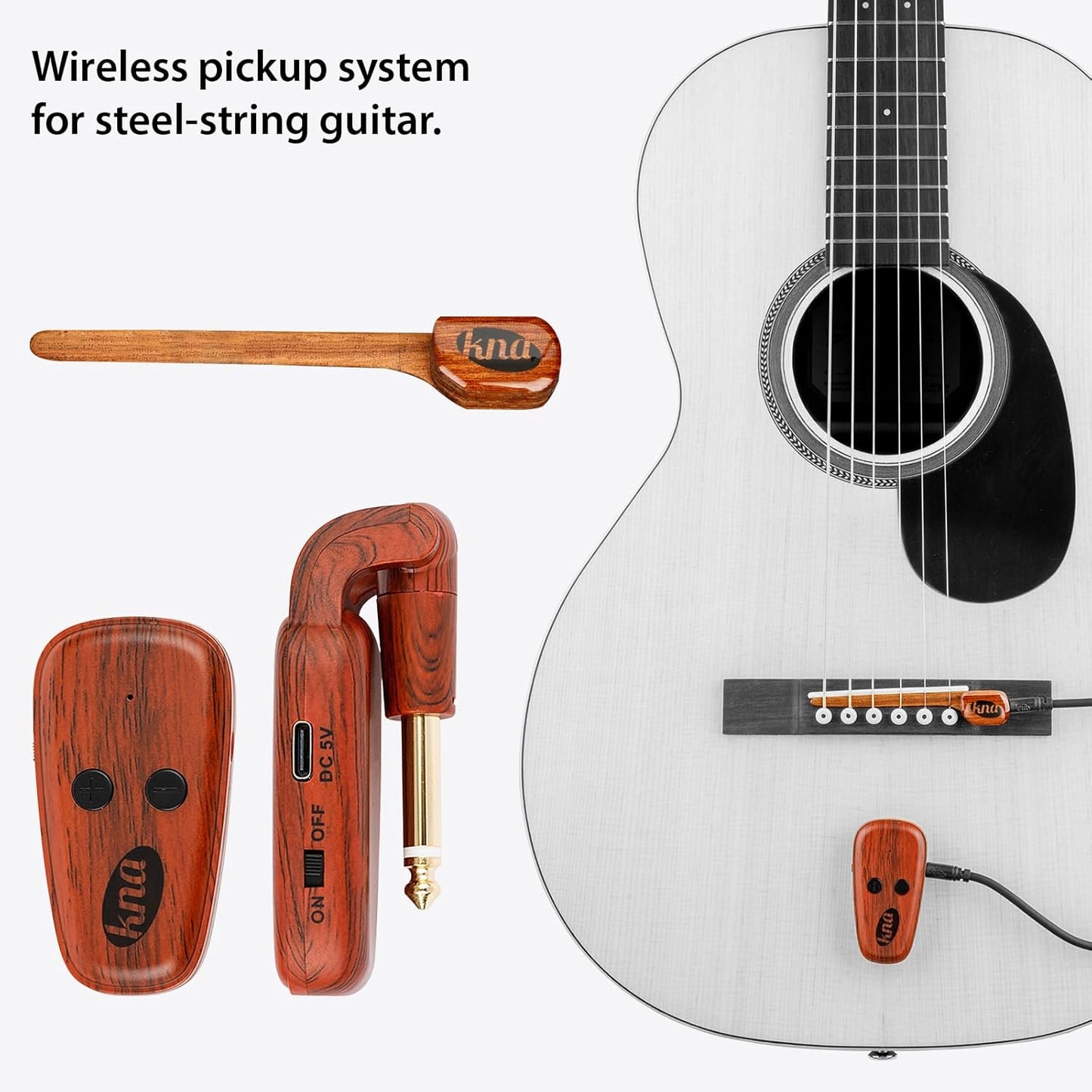 Wireless Piezo Pickup for Steel String Acoustic Guitar, Volume Control, 50m Range, Easy Installation