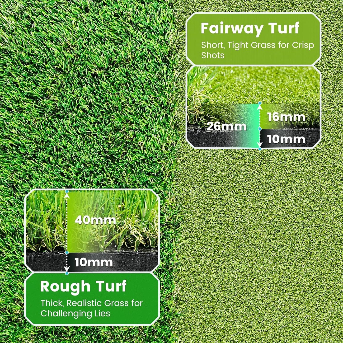 Dual Turf Golf Hitting Mat with Ball Tray, 5x4 & 6x4 ft, 26mm/31mm Thick, Alignment Aid, Golf Practice
