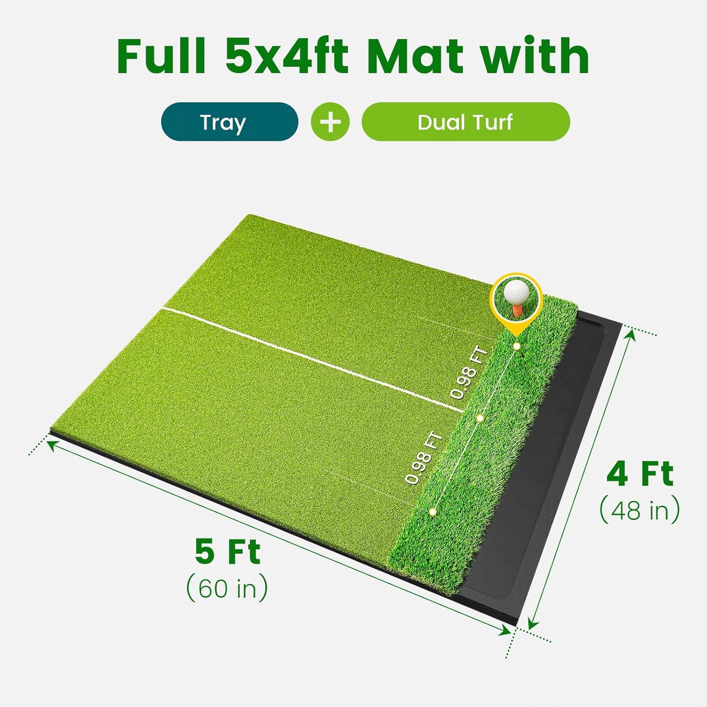 Dual Turf Golf Hitting Mat with Ball Tray, 5x4 & 6x4 ft, 26mm/31mm Thick, Alignment Aid, Golf Practice