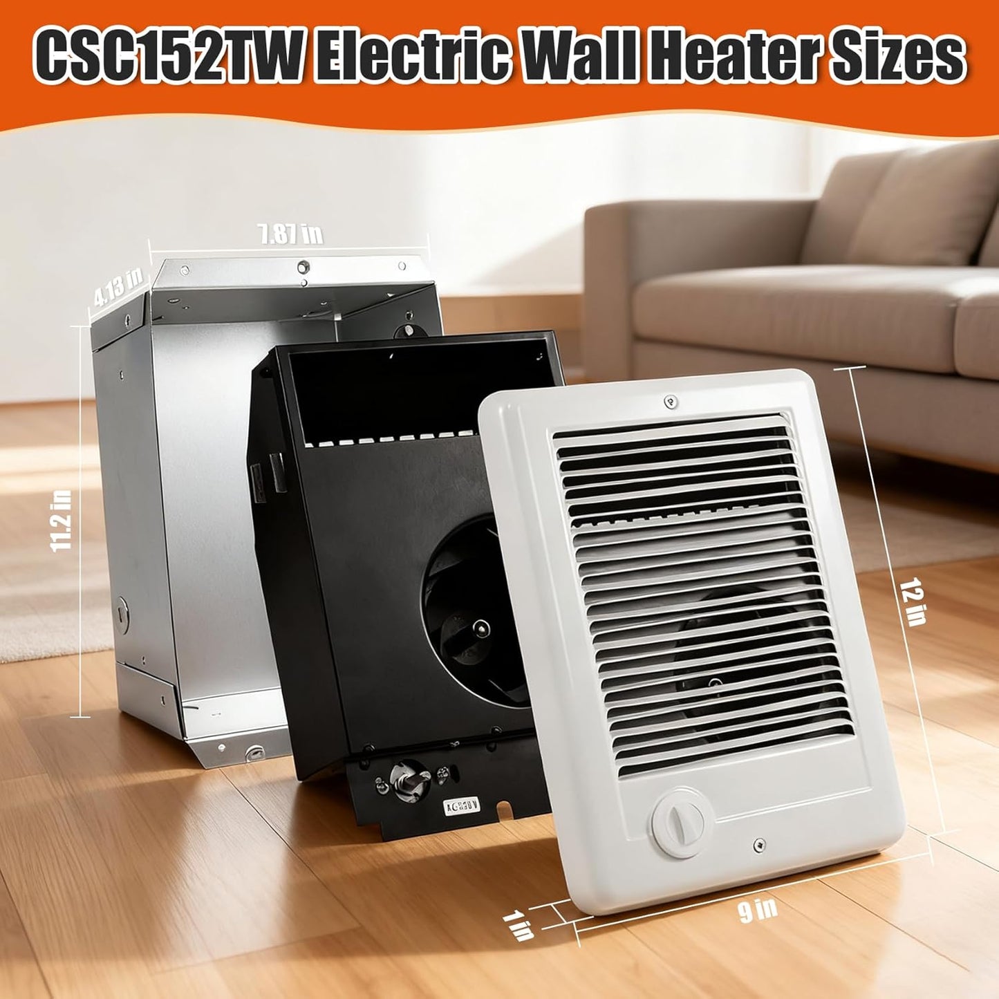 CSC152TW Electric Wall Heater with Built in Thermostat, White, 240/208 Volt, 1500/1125 Watt, for Indoor Use