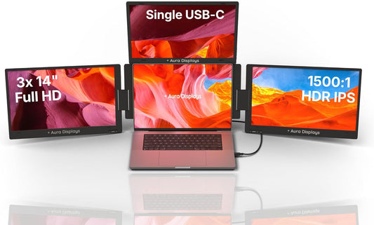 Triple Boost 14” Pro, Triple Portable Monitor Extender, 3×14” FHD 1080P HDR IPS, USB-C & HDMI, with 11”-18” Laptops