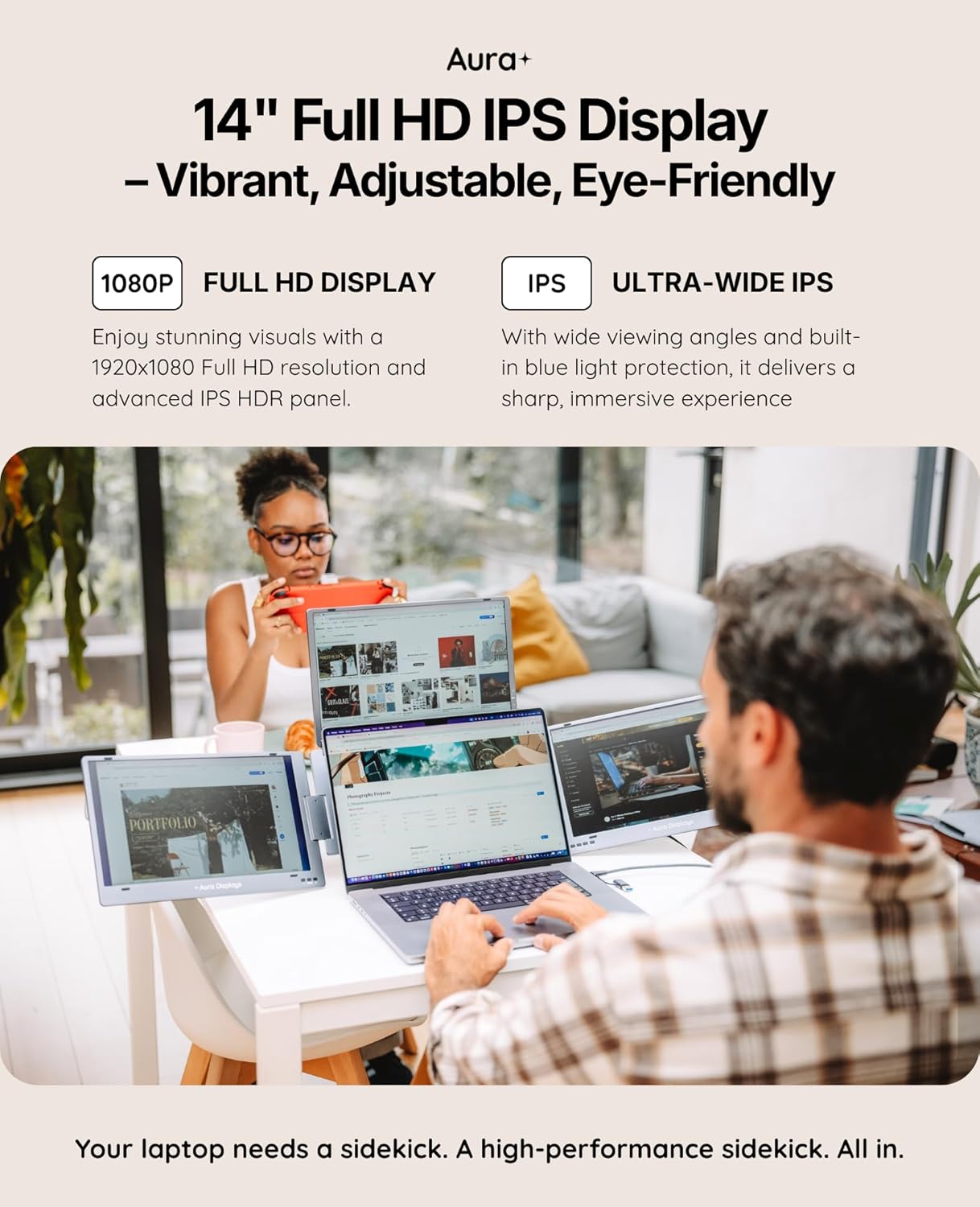 Triple Boost 14” Pro, Triple Portable Monitor Extender, 3×14” FHD 1080P HDR IPS, USB-C & HDMI, with 11”-18” Laptops