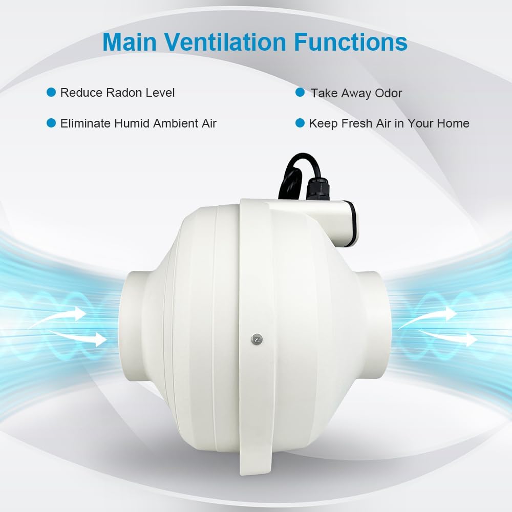 2 Speed Radon Fan, Radon Mitigation System Fan, Selectable Quiet and Energy Efficient, Diameter of 4.5 inch