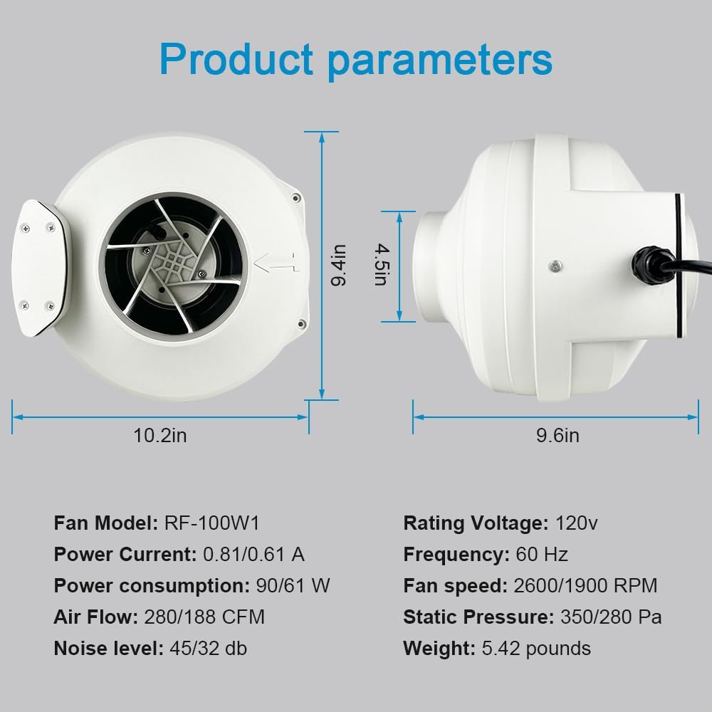 2 Speed Radon Fan, Radon Mitigation System Fan, Selectable Quiet and Energy Efficient, Diameter of 4.5 inch