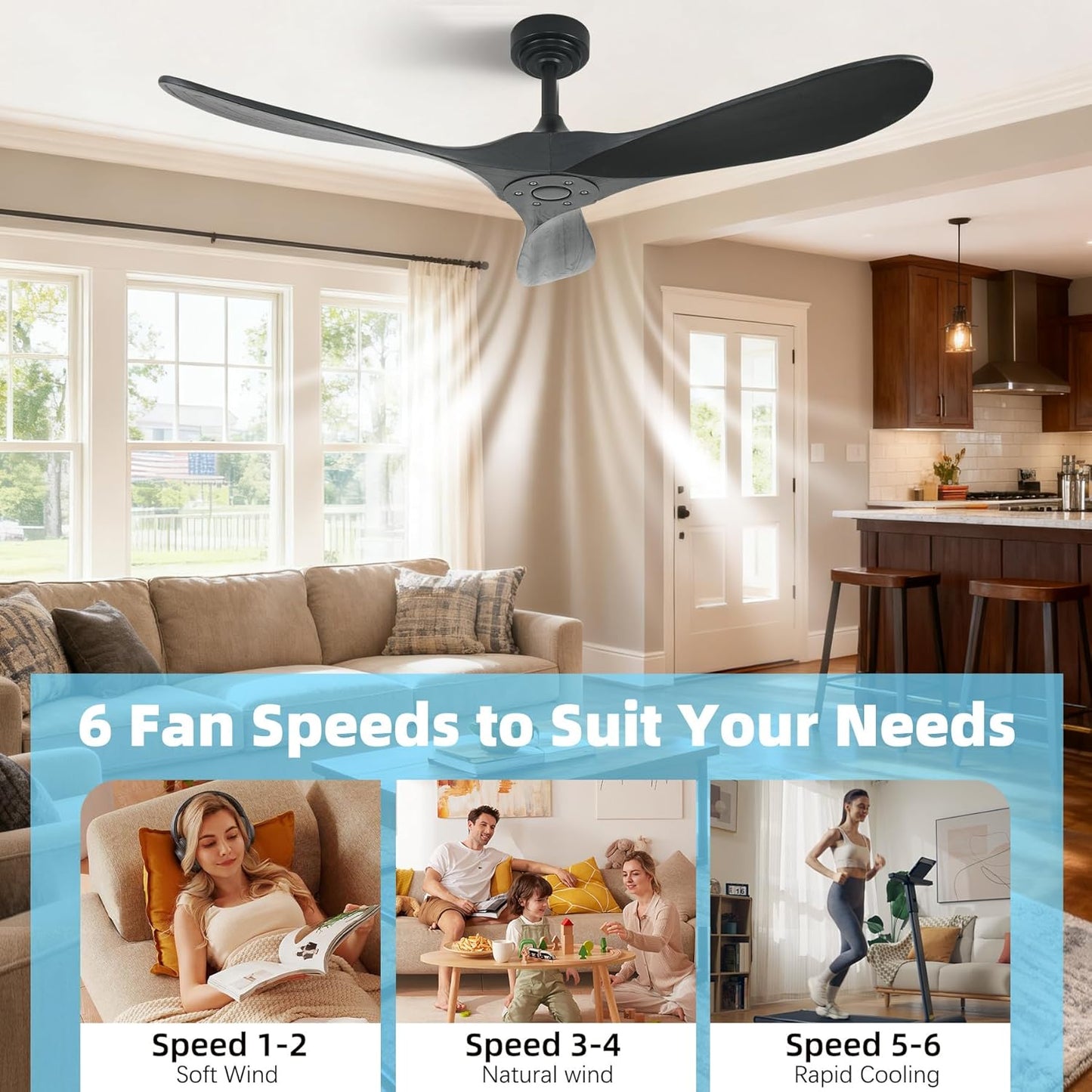 Smart 52 Inch Outdoor Ceiling Fan Without Light, Compatible with Alexa/Google/App, 3 Solid Wood Blades, Black