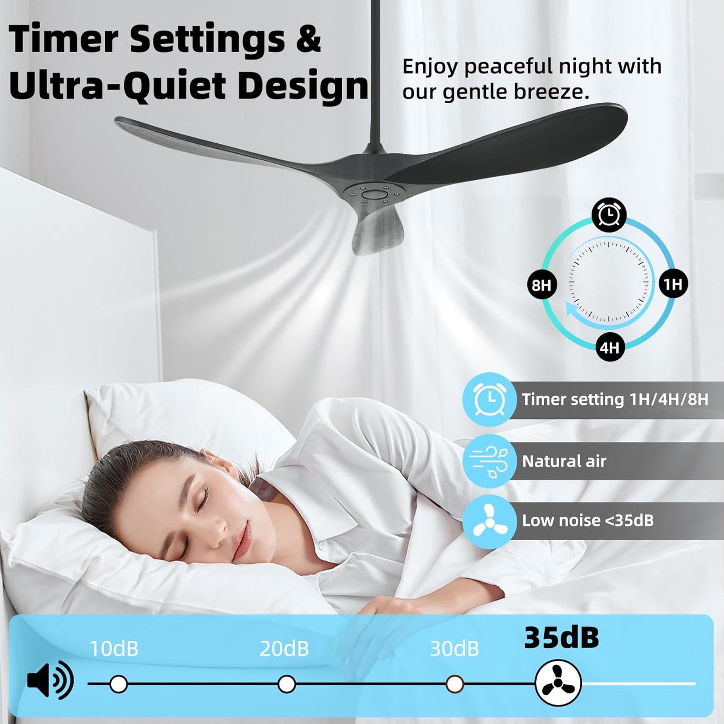 Smart 52 Inch Outdoor Ceiling Fan Without Light, Compatible with Alexa/Google/App, 3 Solid Wood Blades, Black
