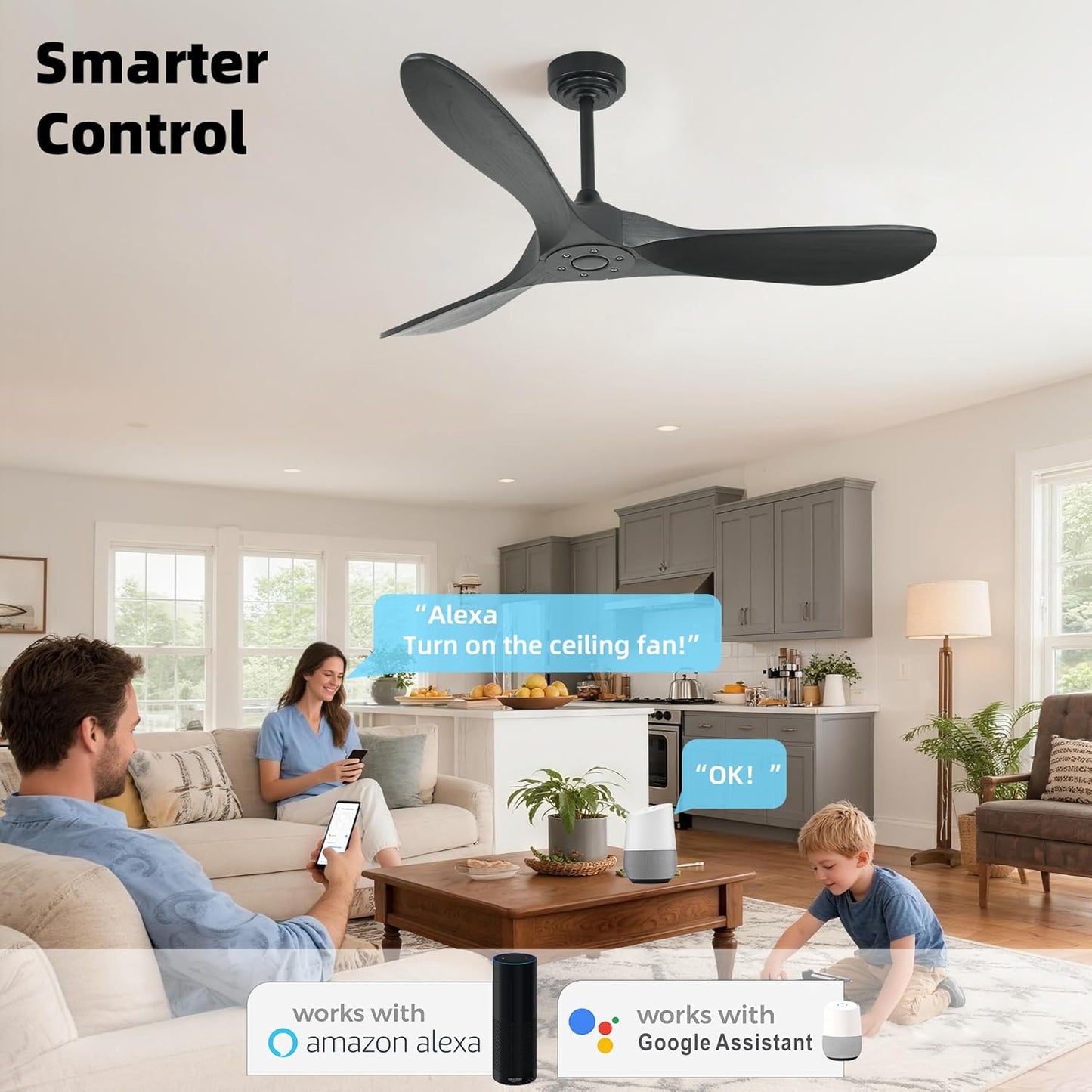 Smart 52 Inch Outdoor Ceiling Fan Without Light, Compatible with Alexa/Google/App, 3 Solid Wood Blades, Black