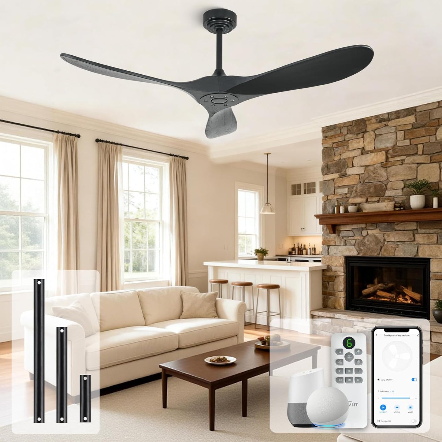 Smart 52 Inch Outdoor Ceiling Fan Without Light, Compatible with Alexa/Google/App, 3 Solid Wood Blades, Black