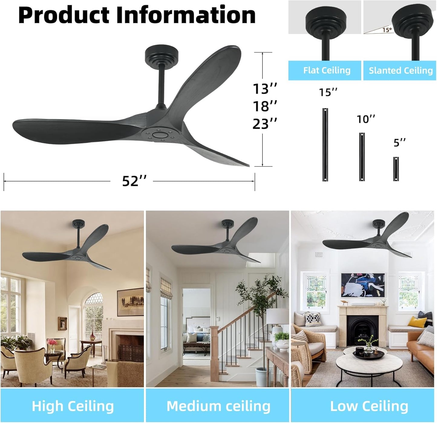 Smart 52 Inch Outdoor Ceiling Fan Without Light, Compatible with Alexa/Google/App, 3 Solid Wood Blades, Black