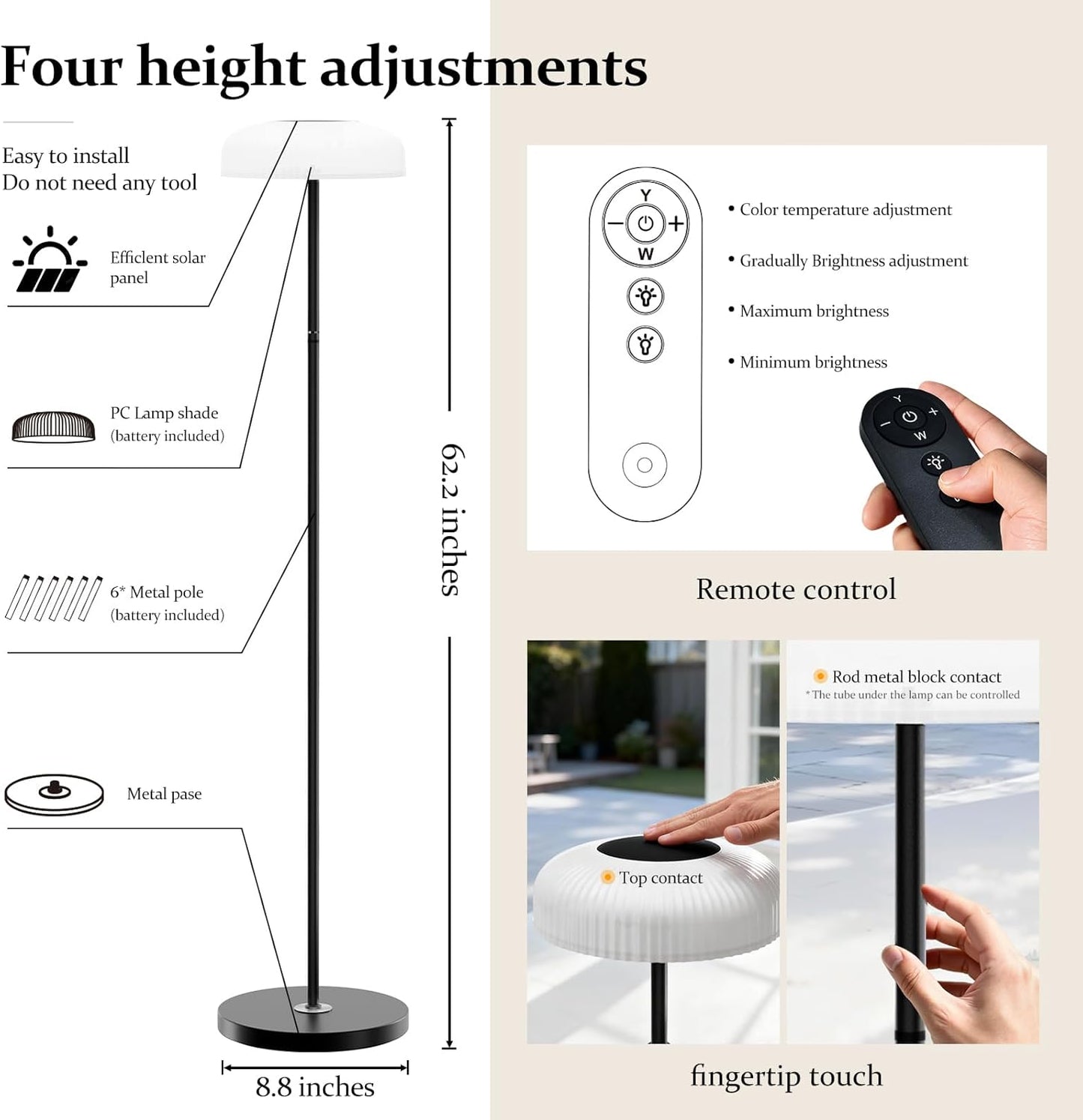 Solar Outdoor Floor Lamp for Patio,IP65 Waterproof Cordless Standing Lamp with Remote Control, Touch Sensor