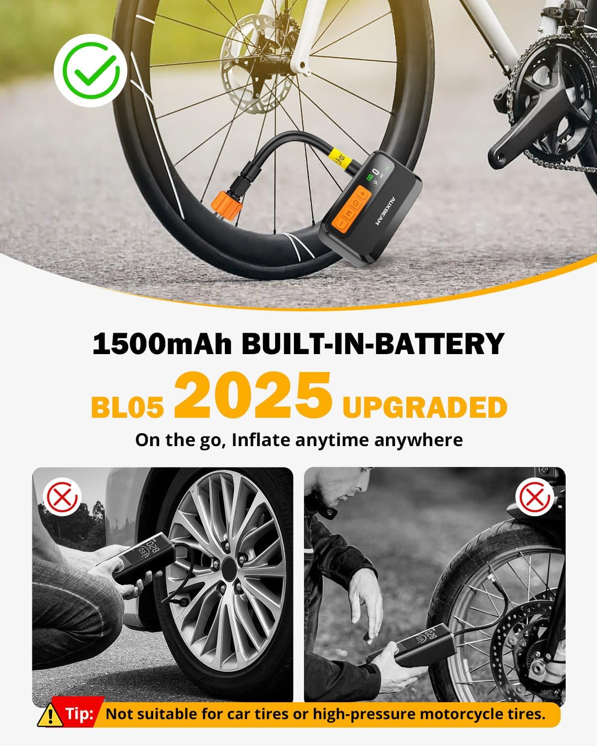 120 PSI Electric Bicycle Pump, Portable Air Pump for Road, MTB, City Bike Tires, 1500mAh Battery,  Brushless Motor