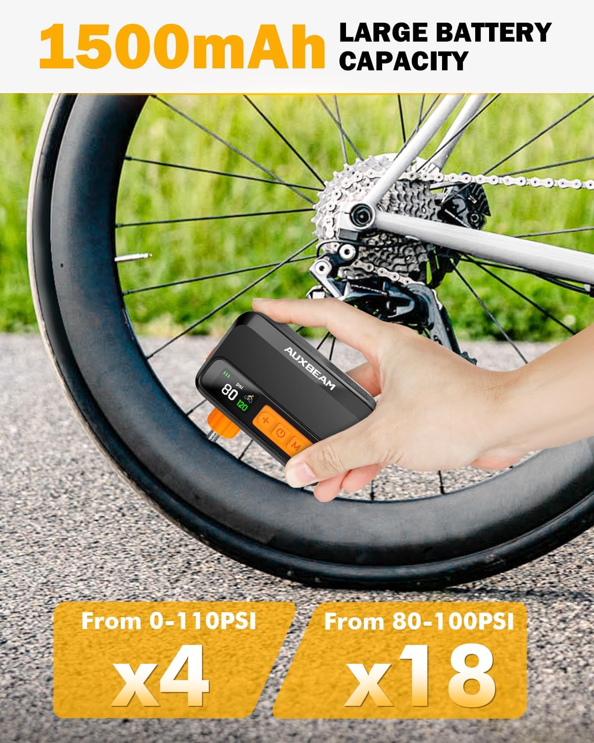 120 PSI Electric Bicycle Pump, Portable Air Pump for Road, MTB, City Bike Tires, 1500mAh Battery,  Brushless Motor