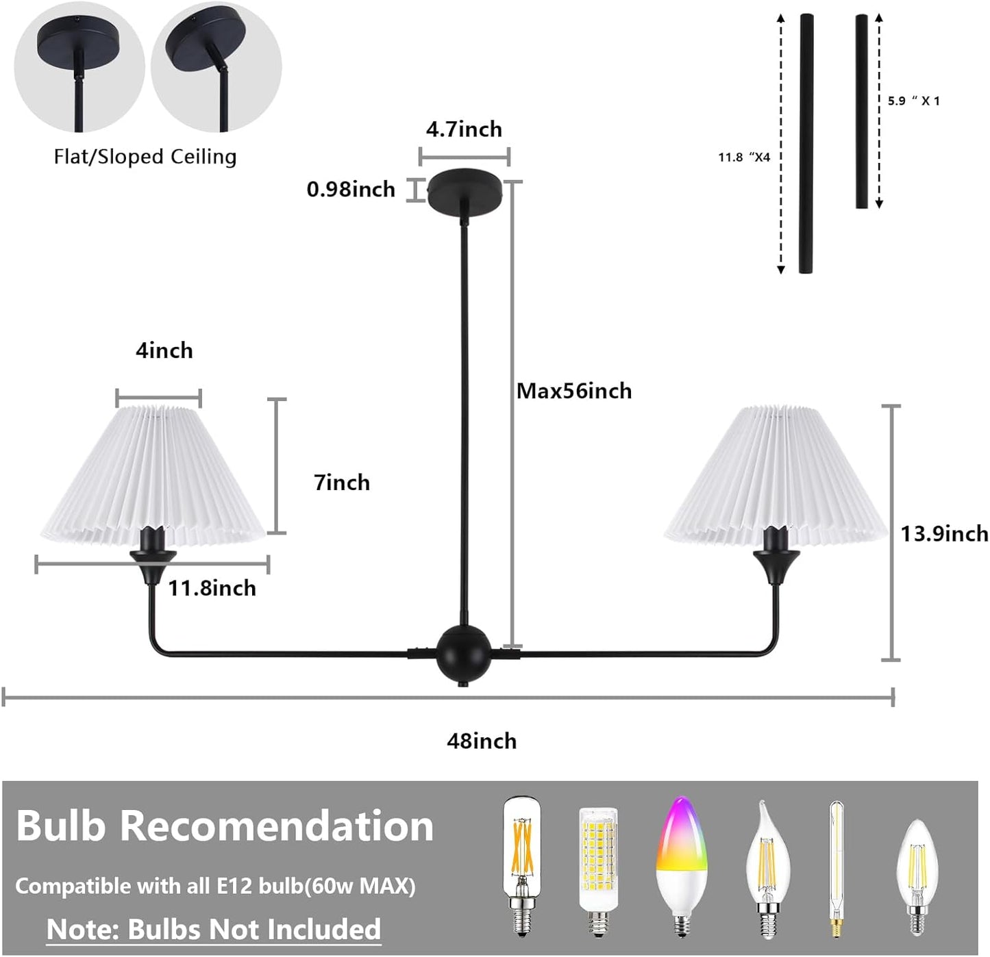 48 Inch Black Kitchen Island Lighting with White Fabric Shade, Adjustable Height, Modern Linear Chandelier 2-Light