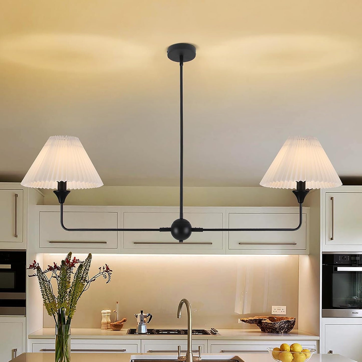 48 Inch Black Kitchen Island Lighting with White Fabric Shade, Adjustable Height, Modern Linear Chandelier 2-Light