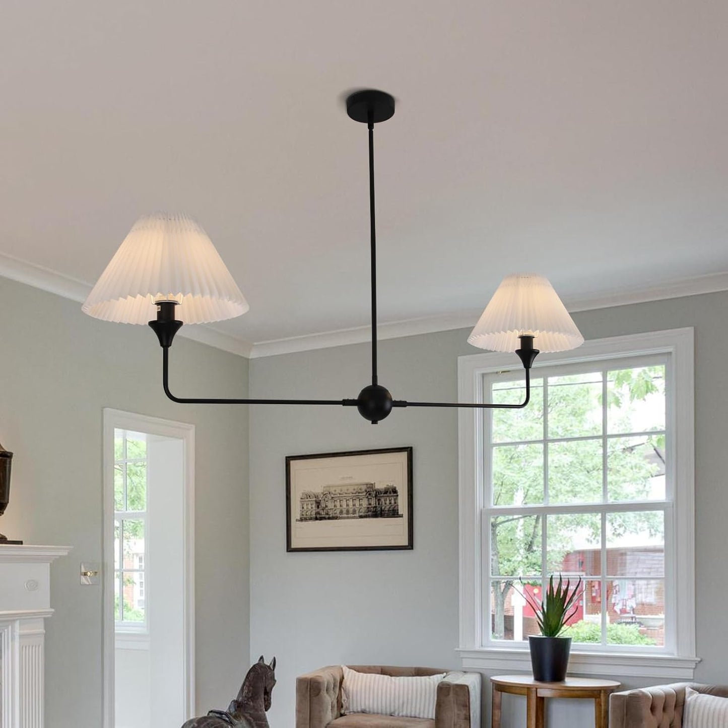 48 Inch Black Kitchen Island Lighting with White Fabric Shade, Adjustable Height, Modern Linear Chandelier 2-Light