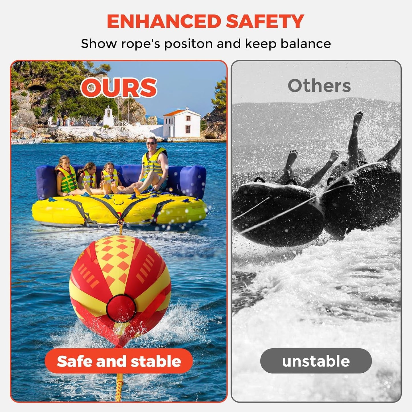 Booster Ball for Towable Tubes, Boat Tube Balls with High Tensile Strength Rope, for Boating, Wakeboarding