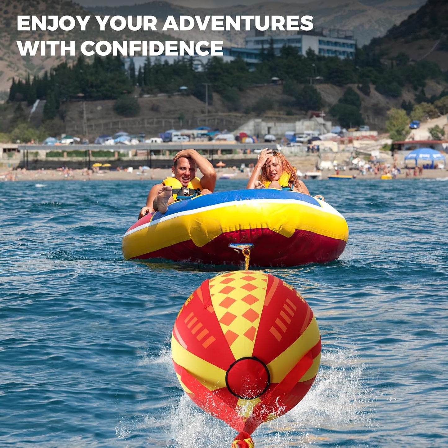 Booster Ball for Towable Tubes, Boat Tube Balls with High Tensile Strength Rope, for Boating, Wakeboarding