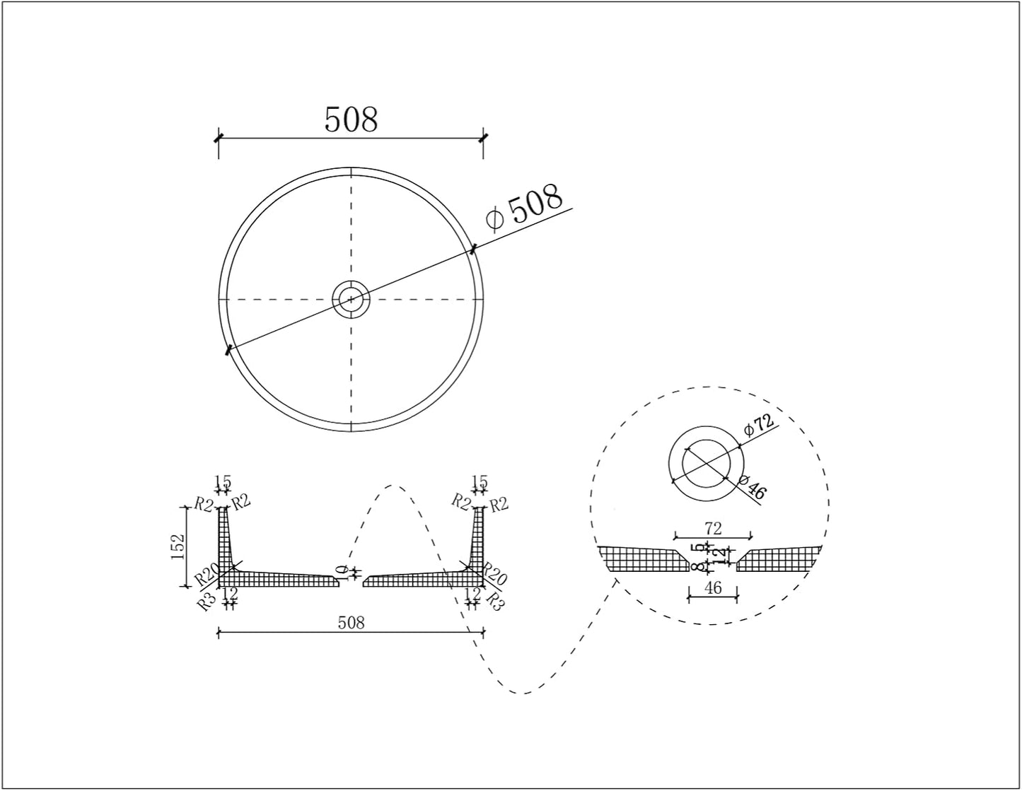 Modern Round Terrazzo Concrete composite Handmade Veseel Sink, (20''*20''*6''), Above Counter
