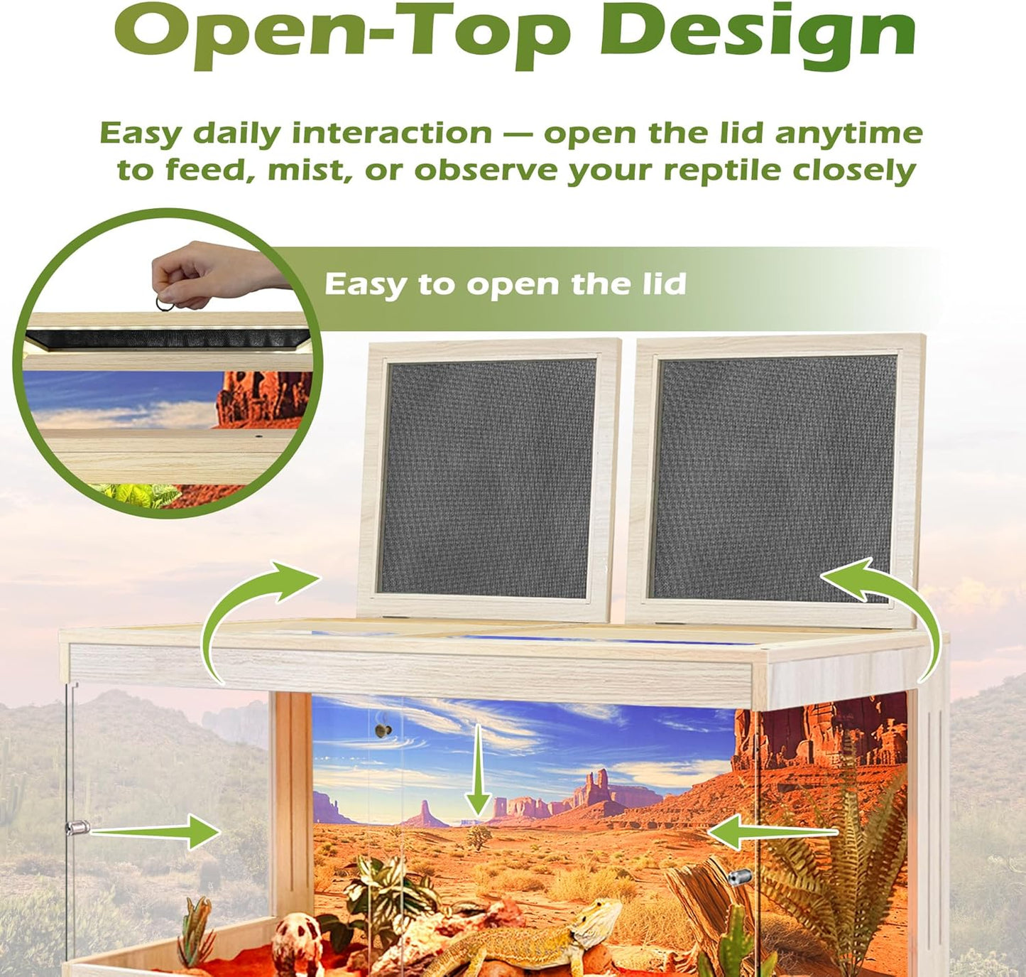 Bearded Dragon Tank, Tempered Glass, Terrarium with Metal Mesh Top, 3-Side Clear Anti-Scratch Glass, Oak,60 Gallons