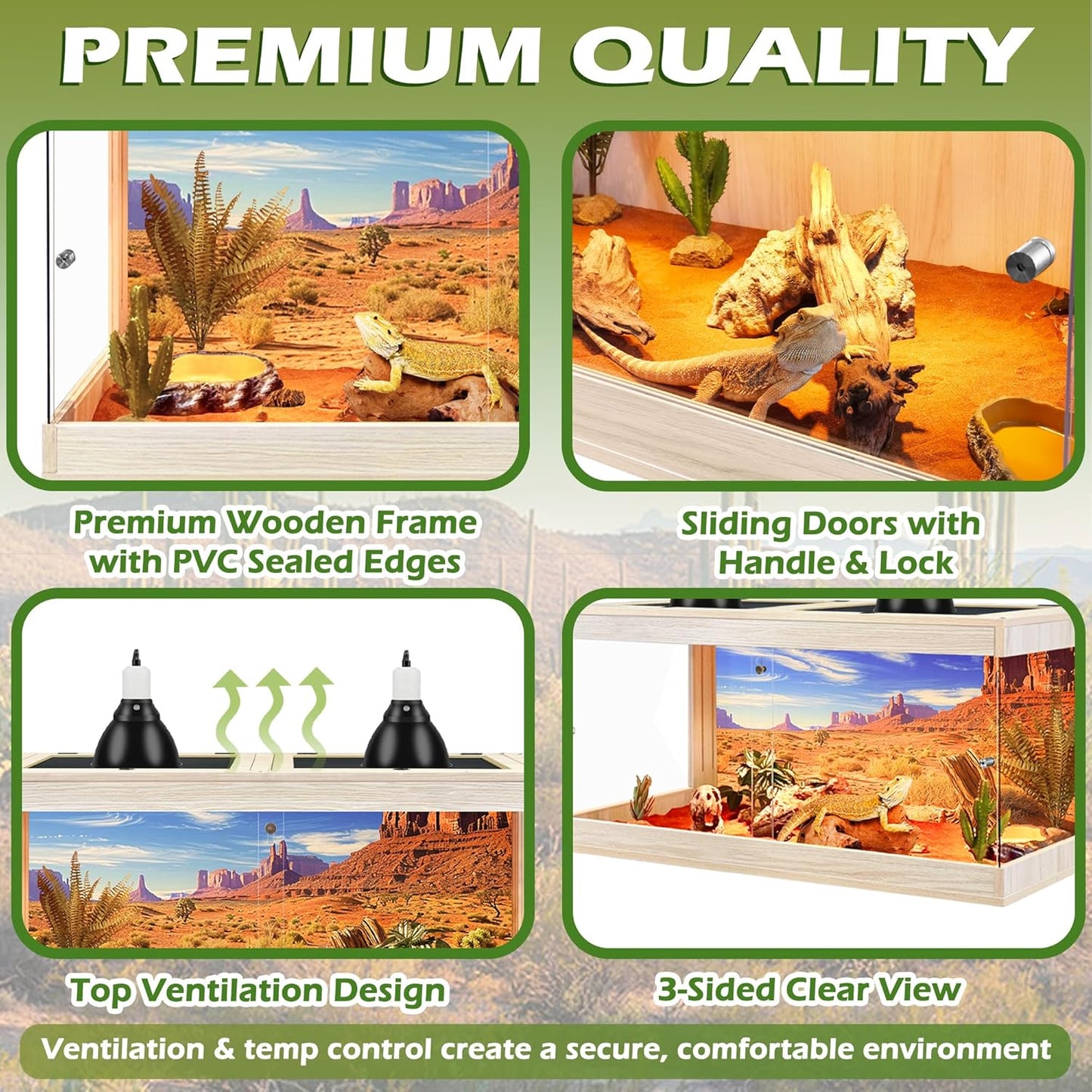 Bearded Dragon Tank, Tempered Glass, Terrarium with Metal Mesh Top, 3-Side Clear Anti-Scratch Glass, Oak,60 Gallons