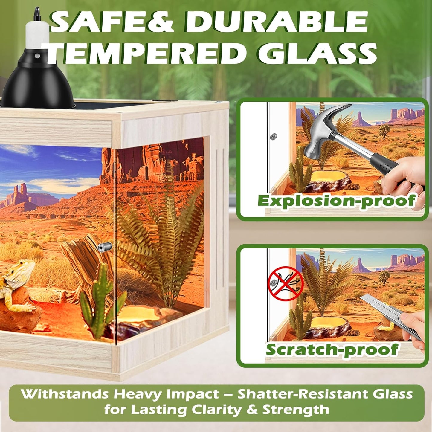 Bearded Dragon Tank, Tempered Glass, Terrarium with Metal Mesh Top, 3-Side Clear Anti-Scratch Glass, Oak,60 Gallons