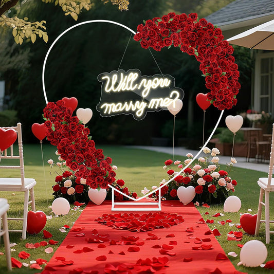 Large Will You Marry Me Me Neon Sign Backdrop Wedding Proposal Decorations for Outdoor, (Red Carpet, Petals)