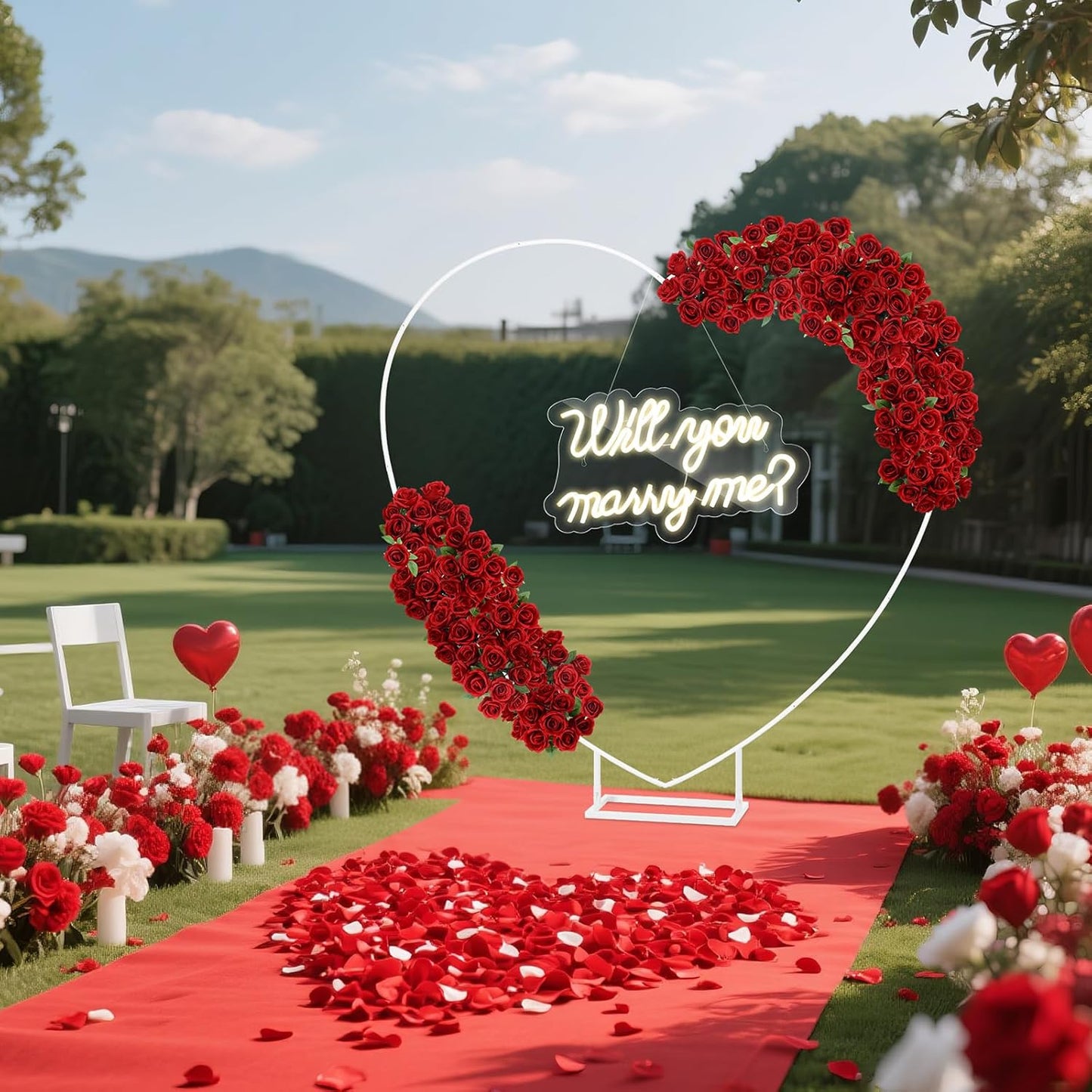 Large Will You Marry Me Me Neon Sign Backdrop Wedding Proposal Decorations for Outdoor, (Red Carpet, Petals)