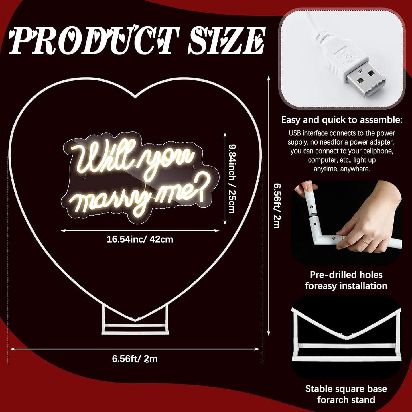 Large Will You Marry Me Me Neon Sign Backdrop Wedding Proposal Decorations for Outdoor, (Red Carpet, Petals)